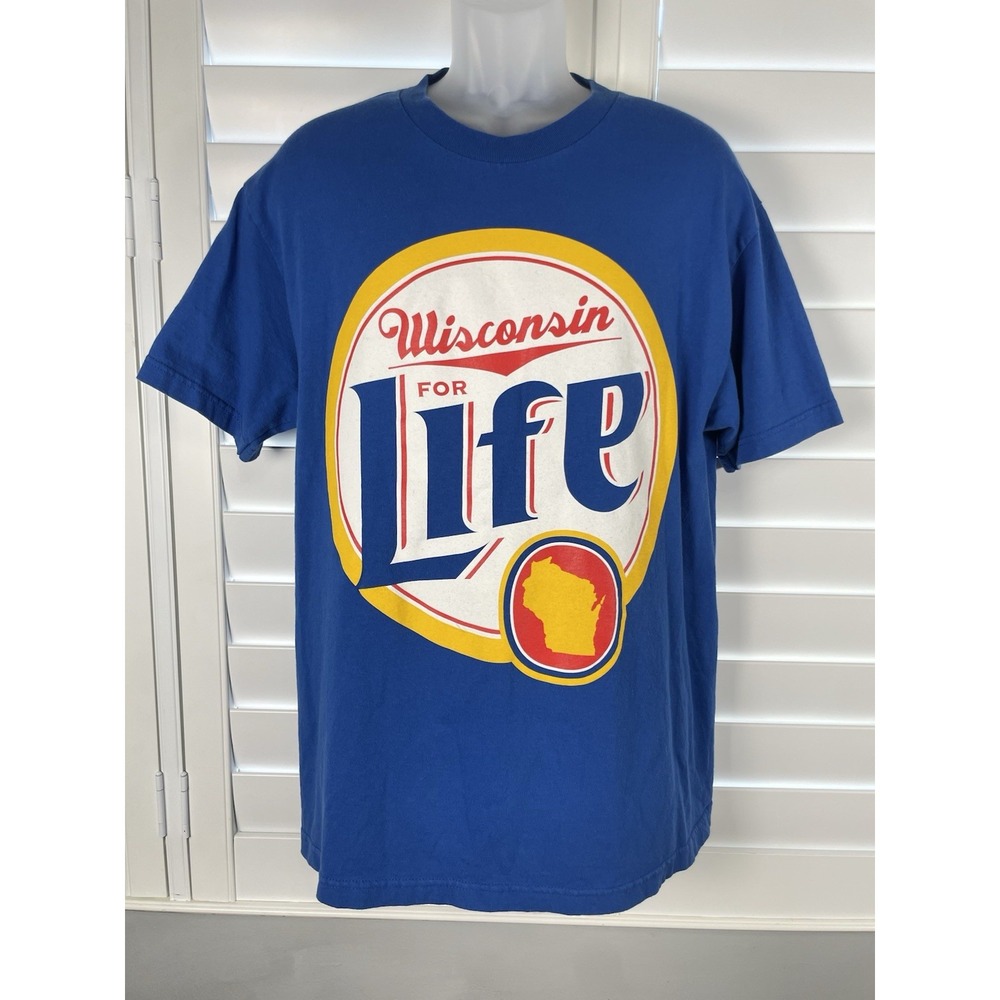 VINTAGE WISCONSIN FOR LIFE T-SHIRT State Of Mind Blue‎ Miller Beer Look Size M